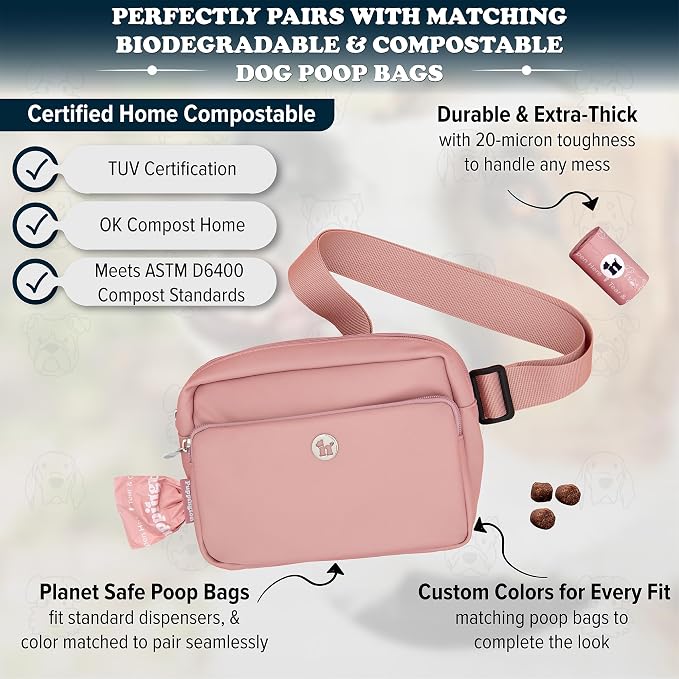 Puppington 3-in-1 Crossbody Dog Walking Bag & Treat Pouch with Matching Planet Safe Poop Bags & Built-In Dispenser - Zippered Pockets (Blush Pink)