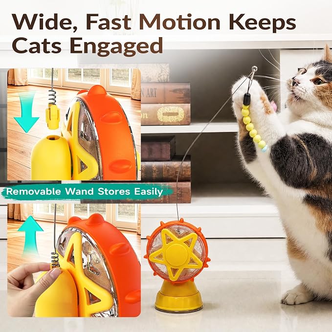 HCY&WLD 2-in-1 Cat Toys Food Dispenser & Teaser Interactive Toys (Yellow) | Multi-Play Puzzle Toy For Indoor Cats, Kitten Slow Feeder, Adjustable Treat Dispensing, Mental Stimulation, Boredom Buster