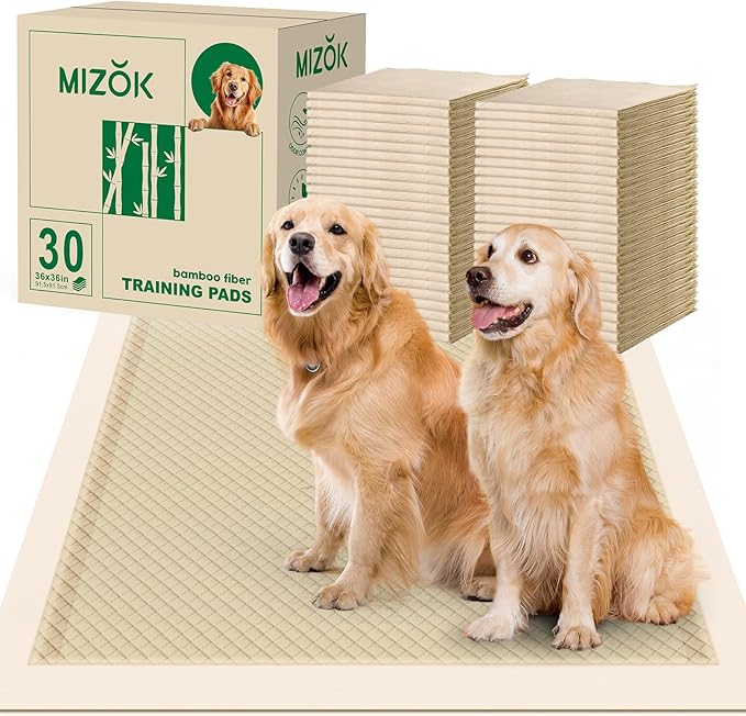 MIZOK Pee Pads for Dogs 36x36in Bamboo Dog Pee Pads, Dog Pads Extra Large Super Absorbent Odor Eliminating Leak-Proof Puppy Pads with Adhesive Tabs, Disposable (30 Counts)