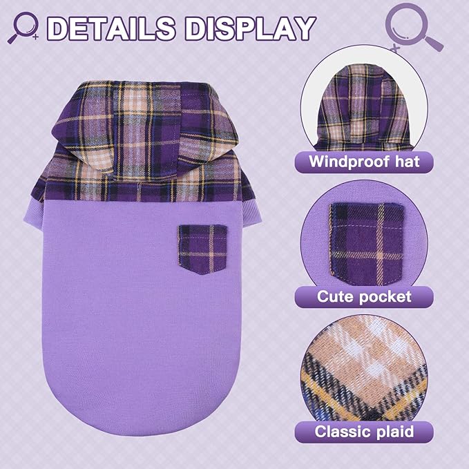 Plaid Dog Hoodie - Warm Sweatshirt with Hat & Leash Hole, Soft Pullover Fleece for Small to Large Dogs