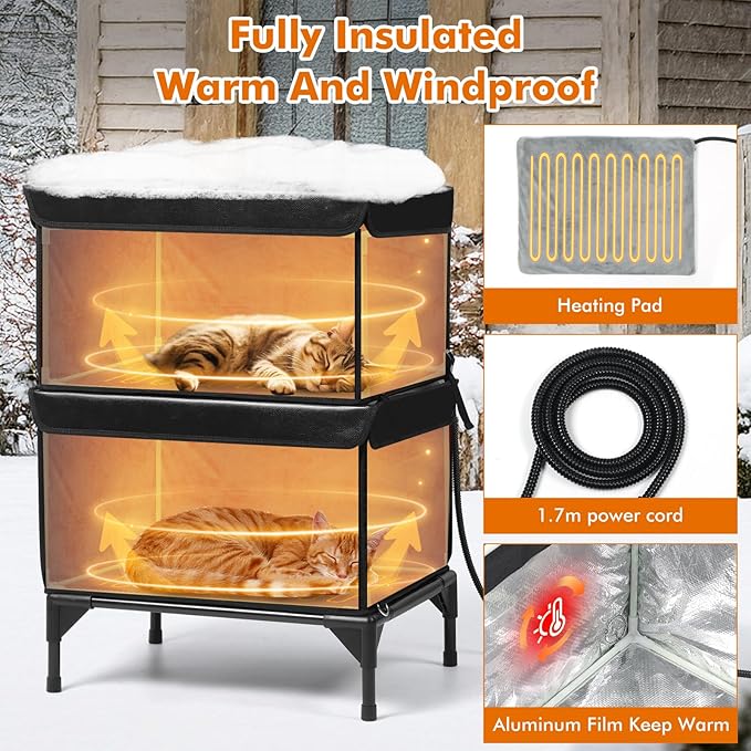 Yeatruojeet 2 Story Heated Cat House for Outside, 100% Waterproof, Safe Escape Door, Elevated Base, Weatherproof Insulated Shelter for Stray Feral Barn Cat