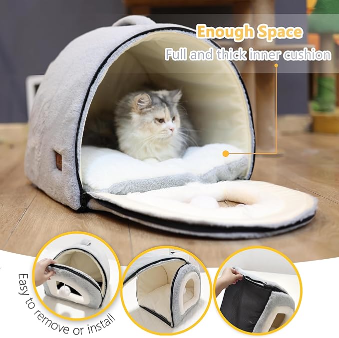 OMIVIER Cat Bed for Indoor Cats，Foldable cat cave，Anti-Slip & Water-Resistant Bottom，cat Houses for Indoor Cats or Small Dogs, Kitten Tent, Rabbit Bed，2 in 1 pet Bed (Grey)