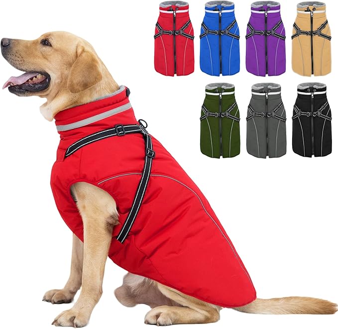 Fragralley Dog Coat with Harness Built in, Waterproof Windproof Reflective Warm Puffer Jacket, Fleece Lined Vest Winter Parka for Small, Medium, Large Dogs