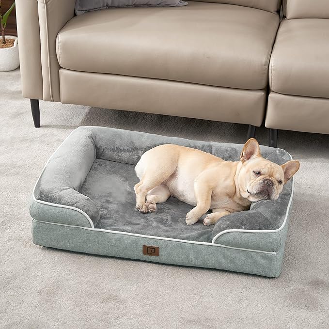 EHEYCIGA Orthopedic Dog Beds for Large Dogs, Waterproof Memory Foam Large Pet Bed with Sides, Non-Slip Bottom and Egg-Crate Foam Dog Couch Bed with Washable Removable Cover, Greyish Green