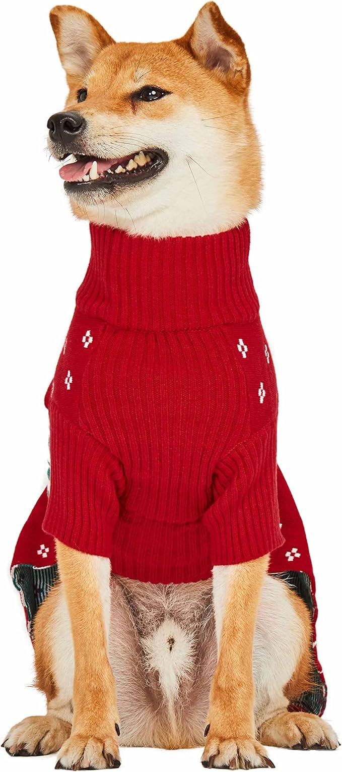 Blueberry Pet Christmas Tree and Snowflake Dog Sweater in Festive Red, Back Length 20", Pack of 1 Clothes for Dogs