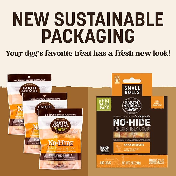 Earth Animal No Hide Chews - Long Lasting Rawhide Free Small Dog Chews Rolls, Chicken - 6 Count