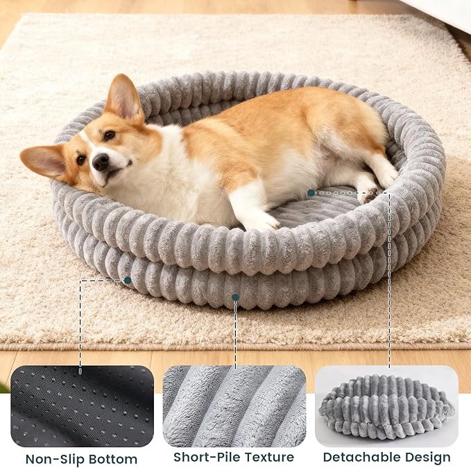 Petinstinct Dog Bed Medium Size Dog, Machine Washable Orthopedic Donut Cat Beds for Indoor Cats, Fluffy Round Pet Bed with Anti-Slip Bottom for Puppy and Kitten, Gray, 28"x28"x5"