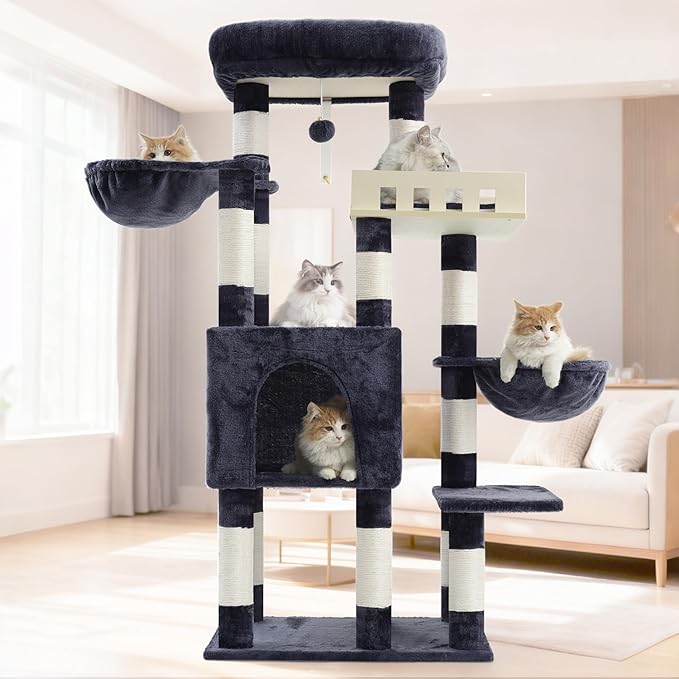 Gitelsnour Cat Tree for Indoor Cats Large Adult, Heavy Duty Cat Tree for Large Cats 20 lbs+, Cat Condo with Big Wooden Perch, Cat Tower with 14 Scratching Posts, Hammock, Smoky Gray GCT023G
