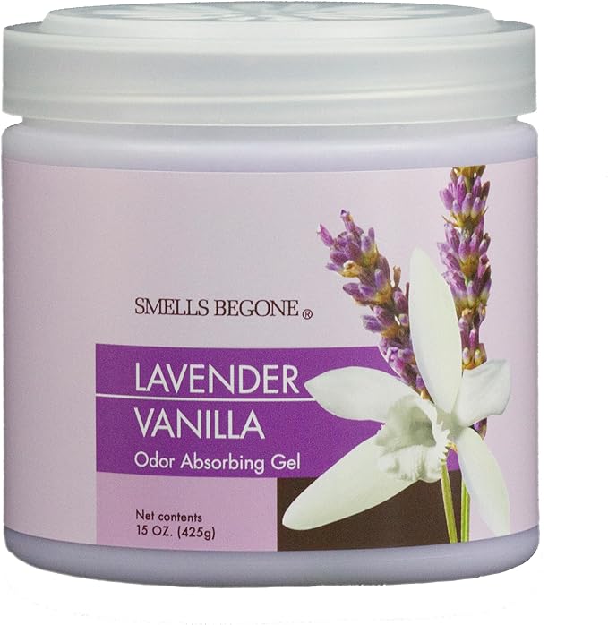 SMELLS BEGONE 15oz Gel Odor Eliminator - Absorb & Remove Tough Odors in Pet Areas, Bathrooms, Basements, Garage, Cars, RVs & Boats - Eliminate Odors with Essential Oils (Lavender Vanilla)