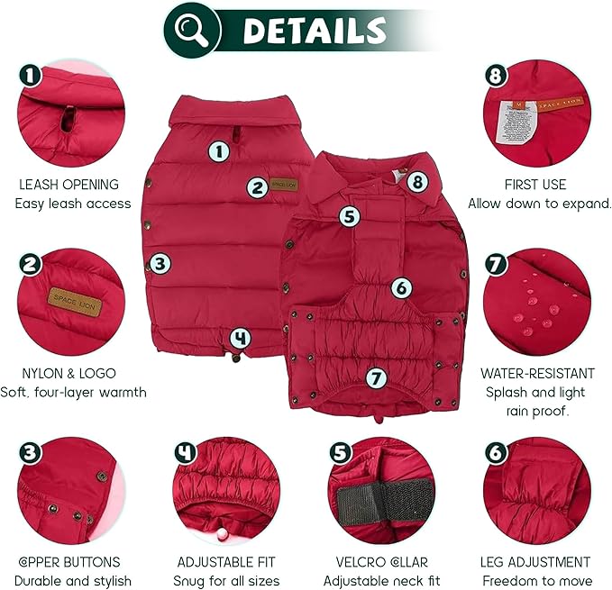 SPACE LION Dog Puffer Jacket, Down Winter Coat, Durable Outdoor Coat for Cold and Windy Conditions, Lightweight & Adjustable Fit Coats for Large Dogs,(Red, Size22/XL+)
