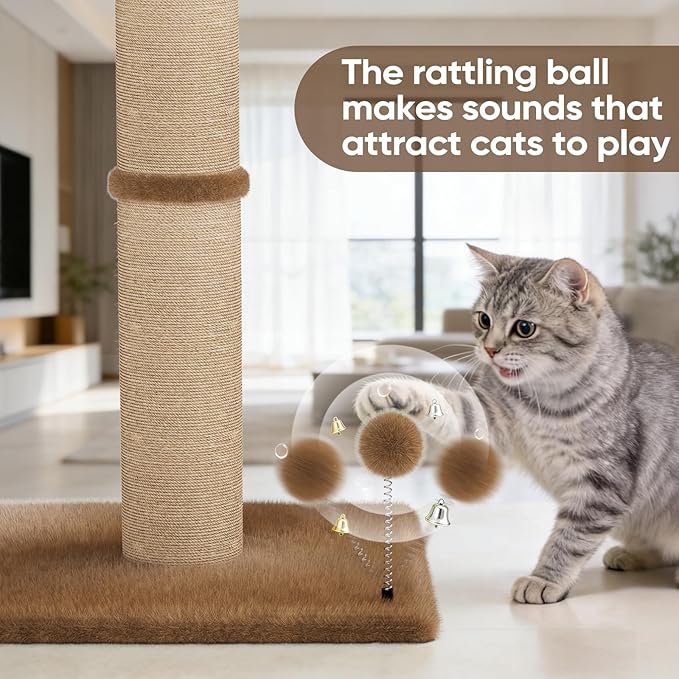 XiaZ Cat Scratching Post 34 Inches Tall, Cat Tower Scratcher Extra Wide 15.8" Stable Base with 4 Non-Slip Pads, 2 Interactive Toy Balls, Natural Sisal & Plush Fabric for Any Cats (Brown, 4.5in)