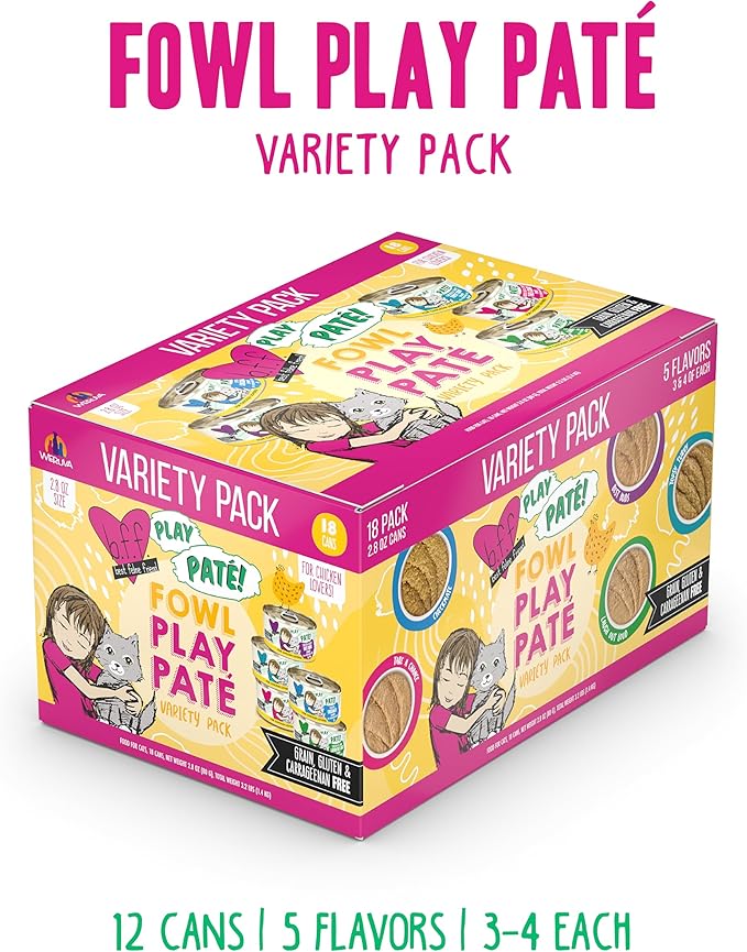 Weruva B.F.F. Play - Best Feline Friend Paté Lovers, Aw Yeah!, Fowl Play Yellow Patés Variety Pack, 2.8oz Can (Pack of 18)