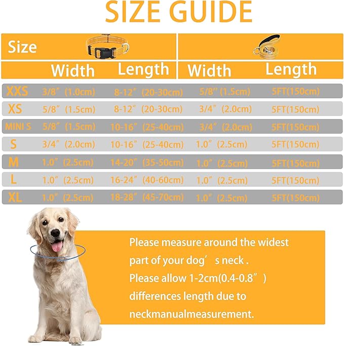 Maiiu Reflective Dog Collar with Safety Locking Buckle, Adjustable Soft Breathable Nylon Collars for Small, Medium and Large Dogs(Collar+Leash S Width 5/8" Yellow)