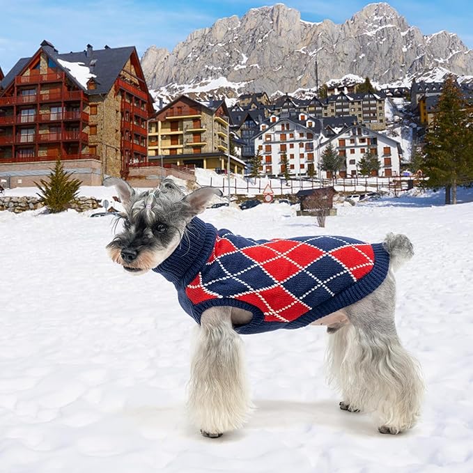 KOOLTAIL Small Dog Sweater - Knit Turtleneck Cold Weather Pullover for Medium Large Dogs, Soft Diamond Plaid Knitwear Winter Warm Clothes, Pet Coat for Puppy Cat Girls Boys XS
