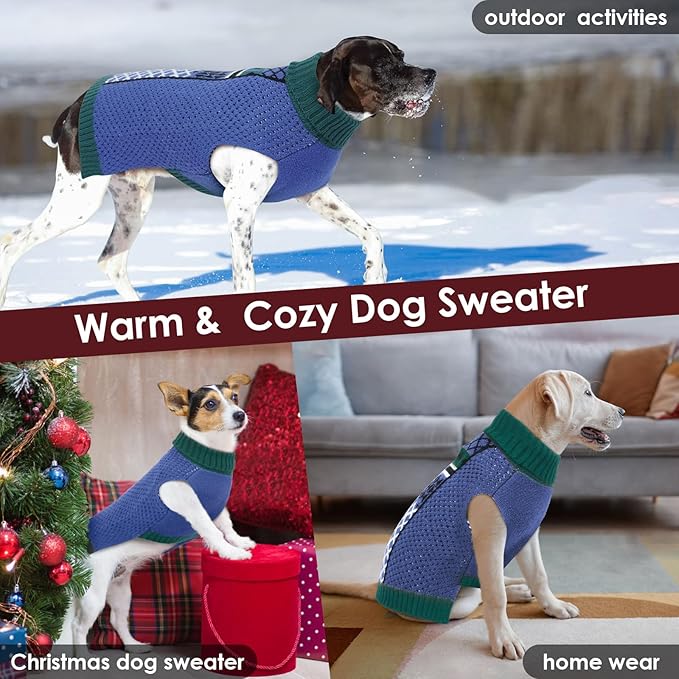 Large Dog Sweater with Leash Hole, Turtleneck Sleeveless Knit Pullover for Easy on and Off, Fall Winter Thermal Christmas Sweaters for Dogs Girl Boy French Bulldog, Blue L