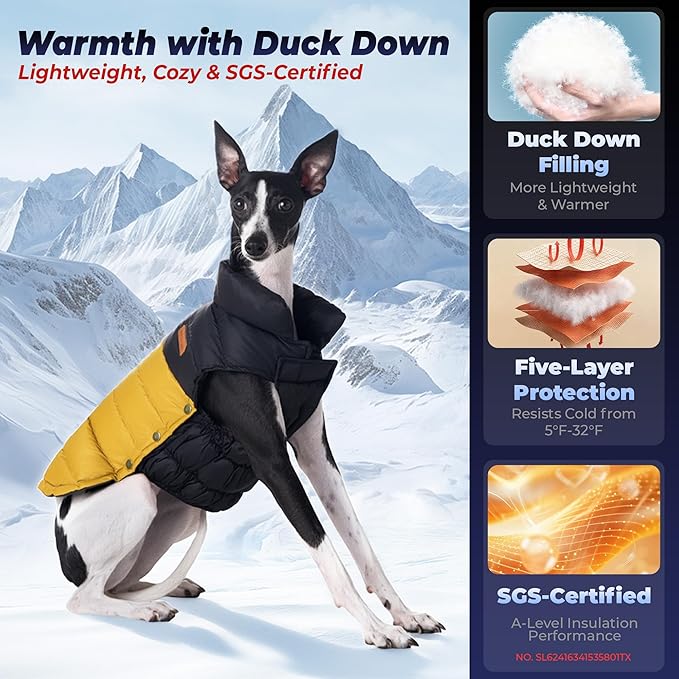 SPACE LION Dog Puffer Jacket, Down Winter Coat, Durable Outdoor Coat for Cold and Windy Conditions, Lightweight & Adjustable Fit Coats for Medium & Large Dogs,(BlackKhaki, Size18/L+)