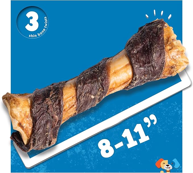 Jack&Pup 8-11” Twist Shin Bones, Roasted Meaty Beef Bone for Dogs – Long Lasting Natural Dog Bones, Big Dog Bone for Large Dogs (3 Pack)