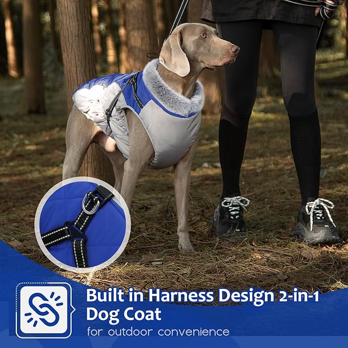 Dog Winter Coat with Harness, Dog Jacket, Pet Clothes with Zipper on Back, Waterproof Windproof Warm Vest, Reflective Cold Weather Coats, for Small Medium Large Dogs, Thick, Blue,XS