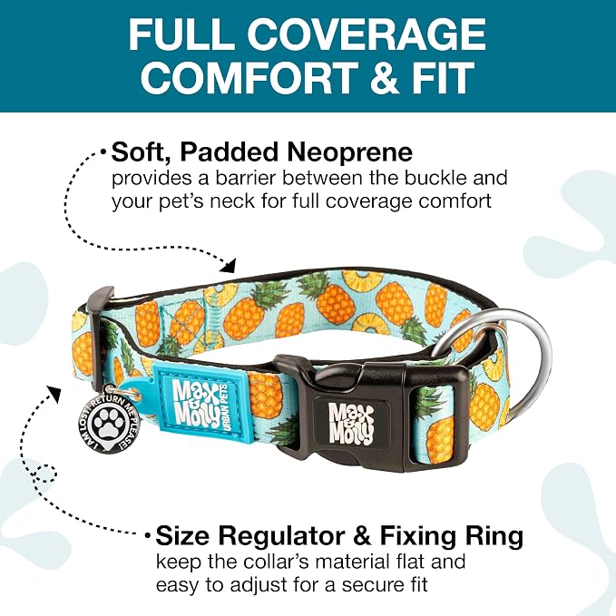 Max & Molly Urban Pets Smart ID Dog Collar with Gotcha! QR Pet Safety Tag and Custom Pet Profile, Soft Padded Neoprene, Waterproof, Machine Washable, Sweet Pineapple, M (13-21")