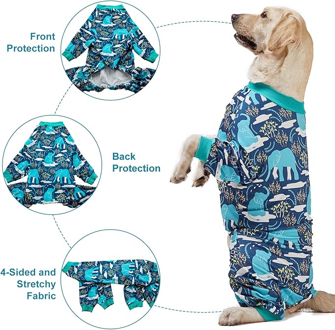 LovinPet Large Dog Clothes, Pet Anxiety Relief, UV Protection, Large Breed Dog Pajamas, Lightweight Stretchy Knit Fabric Onesie, Blue Elephant Print Weimaraner Jammies, Pet PJ's/Medium