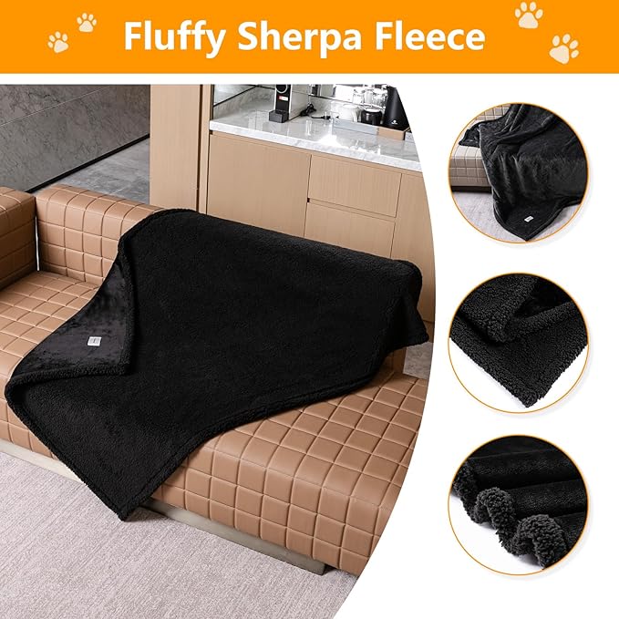 Maidewow Waterproof Pet Blankets for Medium Dogs Small Cats Black Calming Pets Sherpa Blanket Fluffy Bed Sofa Couch Covers Puppy Leakproof Washable Cover for Warm-Black,M-57x40in