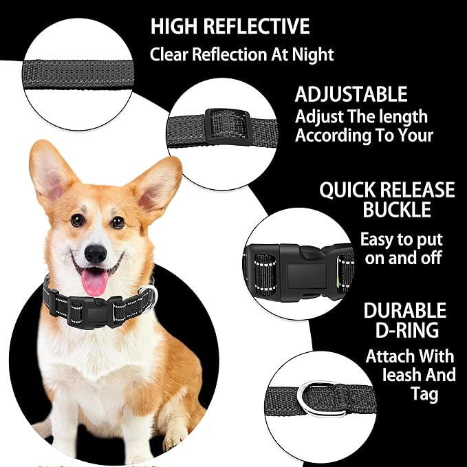 Reflective Dog Collar with Safety Locking Buckle, Adjustable Soft Breathable Nylon Collars for Small, Medium and Large Dogs(Collar+Leash L Black)