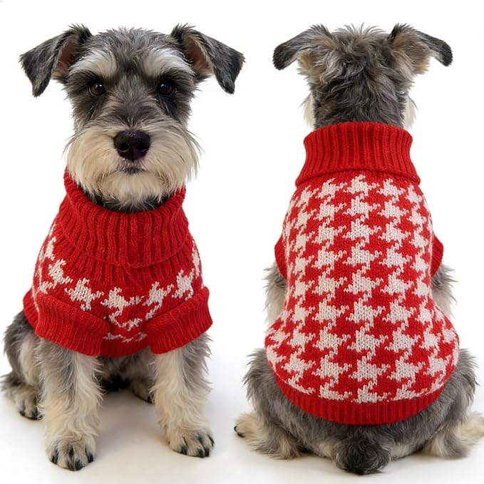 Small Dog Cold Weather Sweaters – Warm Knit Turtlenecks, Cozy Pet Pullovers Dog Clothes with Leash Hole for Chihuahua Bulldog Pug Beagles (Red/White, Large)