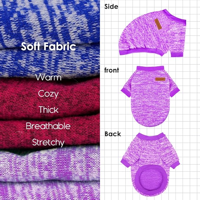 3 Pack Dog Sweaters for Small Dogs Girl Boy Winter Fleece Clothes Warm Soft Dog Sweatshirt Outfit for Dogs Cats Pet Apparel (Purple+ Wine Red+Dark Blue, Small)