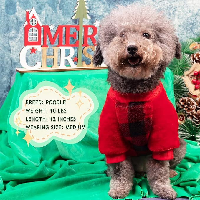 cyeollo Dog Christmas Sweater Warm Dog Winter Coats Buffalo Plaid New Year Puppy Doggie Sweatshirt Flannel Cold Weather Coats Pet Clothes for Small Dogs Size S