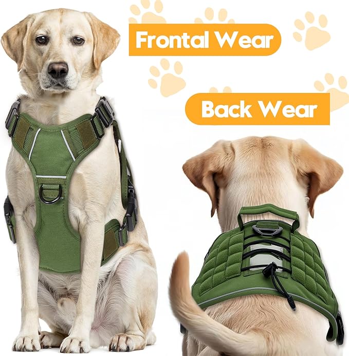 Heavy-Duty Tactical Dog Harness for Large Dogs, No Pull Adjustable Reflective Pet Vest with Molle System, K9 Military-Grade Control for Service Training, Outdoor & 10+ Breeds, Green, XX-Large