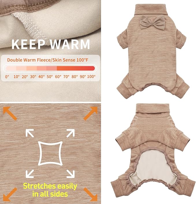 KYEESE Dog CoatsTurtleneck Stretchy Pet Pjs Dog Sweater Super Soft Warm Material Dogs Pajamas with Bowtie Pet Onesie for Small Dogs Cold Weather Coat, Khaki,L