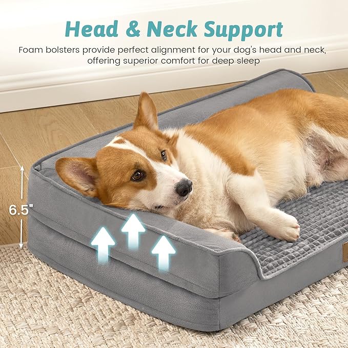 COZY KISS Orthopedic Dog Bed for Medium Small Size Dog, Dogs Crate Bed, L Shaped Foam Anti-Slip Bottom Pet Cat Sofa with Washable Removable Cover, Suitable for Pet Up to 40 lbs, 30x20x7.5 inch, Grey