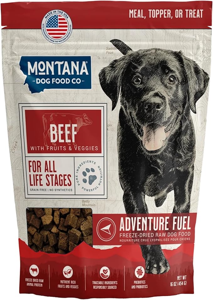 MONTANA DOG FOOD CO. Freeze-Dried Raw Beef Recipe Dog Food – Grain-Free, High-Protein Meal or Topper, Made in USA with USA Ingredients -16 oz Bag