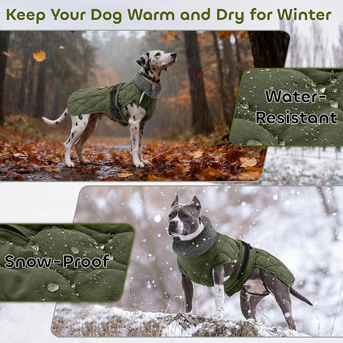 Dog Coat Winter, Waterproof Quilted Dog Jacket for Cold Weather, Reflective Adjustable Puppy Winter Coat, Warm Turtle-Neck Pet Fleece Snow Jacket for XX-Large Dogs, NewGreen XXL