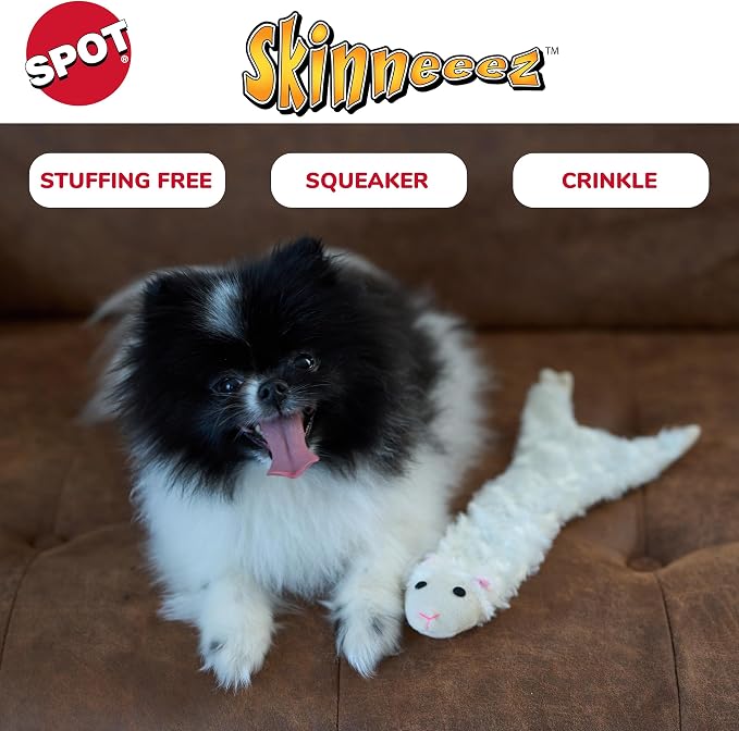 SPOT Skinneeez Crinklers Lamb - Stuffing-Free Dog Toy with Crinkle & Squeaker Sounds, Durable for Moderate Chewers, Tug Toy for Small Dogs & Puppies, 14in