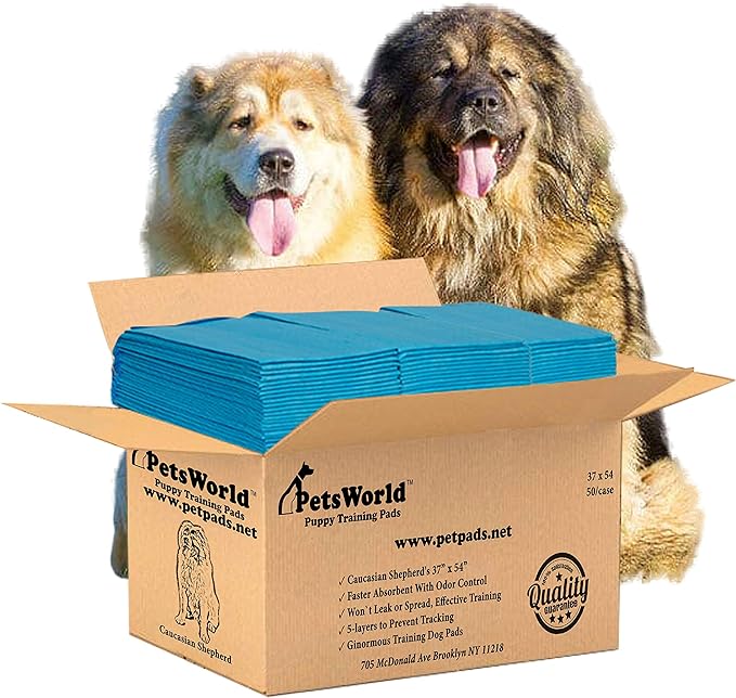 PETSWORLD Enormous Dog Training & Potty Pads, 37x54 inch - Tear Resistant with Strong Leak-Proof Backing, Optional Adhesive Tape, 50 Count