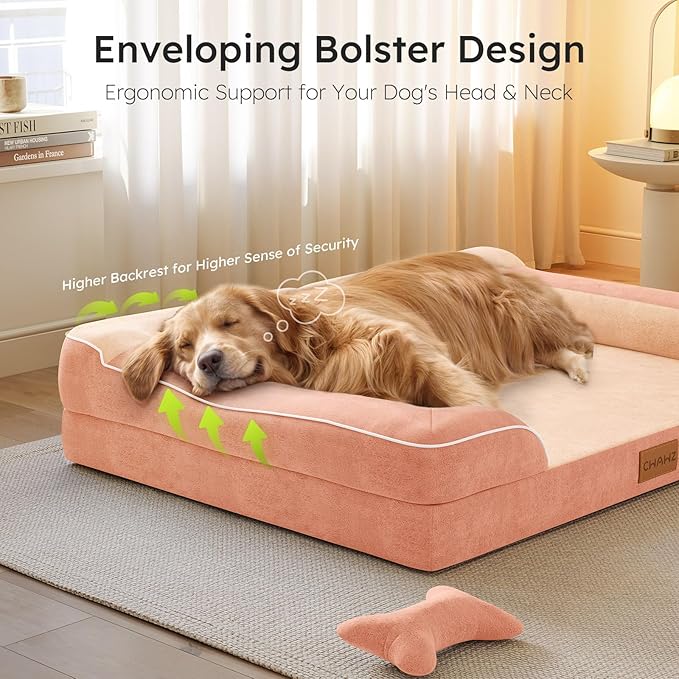 Jumbo Dog Bed for Extra Large Dogs, Orthopedic Dog Bed with Cooling Gel Memory Foam, Waterproof Pet Bed with Removable Washable Cover, 45" Pet Sofa Couch Dutch Velvet with Bone Toy, Peach Pink