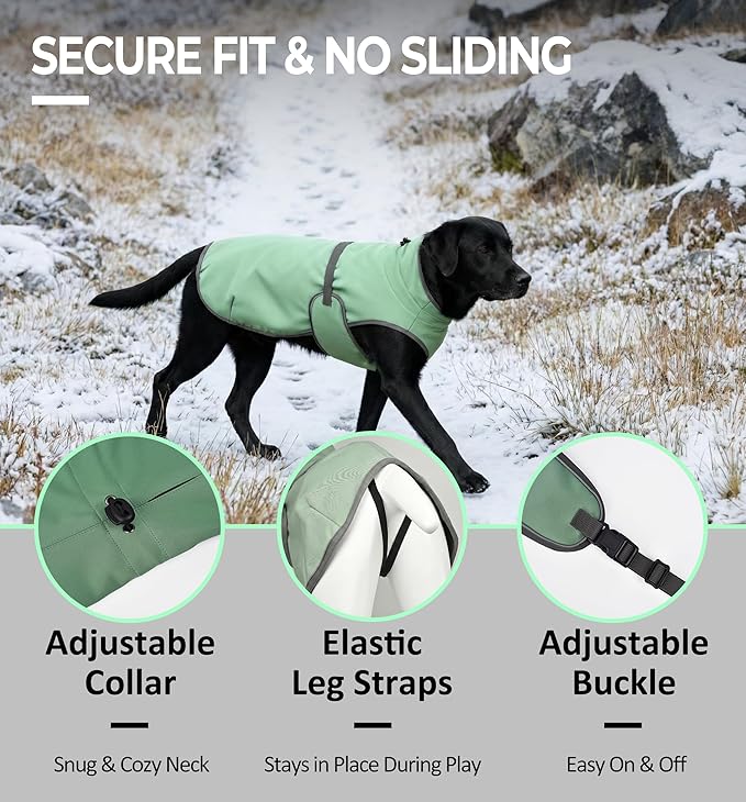 Water-Repellent Dog Winter Vest, Fleece Lined Warm Jacket for Hiking & Running, Adjustable Athletic Fit with Anti-Slip Leg Straps for Active Dogs (Green, Large)
