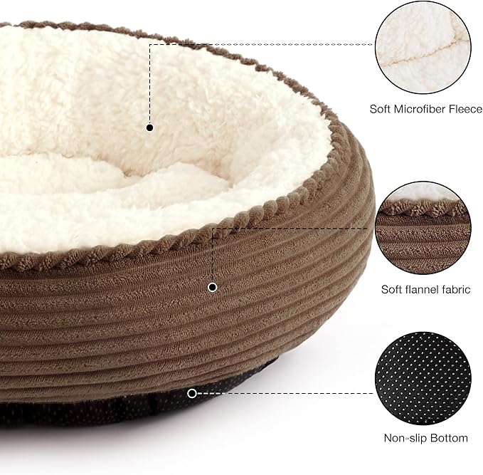 Love's cabin Round Donut Cat and Dog Cushion Bed, 20in Pet Bed for Cats or Small Dogs, Anti-Slip & Water-Resistant Bottom, Super Soft Durable Fabric Pet beds, Washable Luxury Cat Dog Bed Brown Stripe