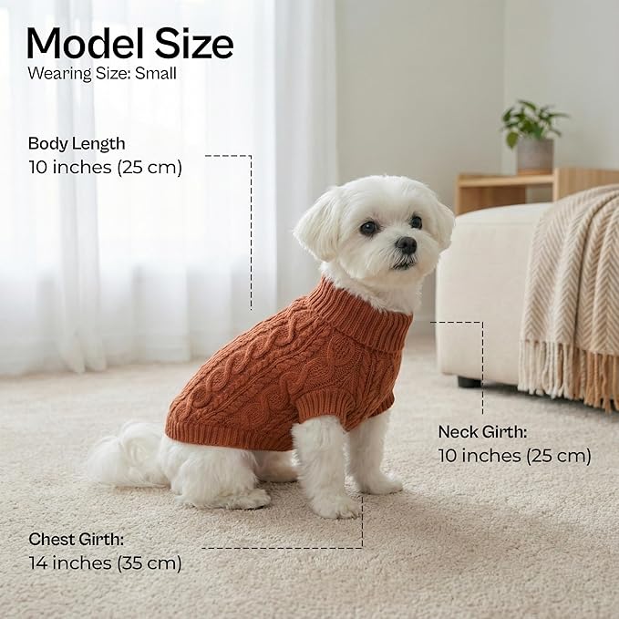 Parisian Pet Unisex Dog Sweaters - Pull Over, Turtle Neck Dog Sweater - Cable Knit Terracota Thick Pet Sweater - Fall, Winter Puppy Clothes - Flexible Arm Holes Sweater for Small Dogs - XS