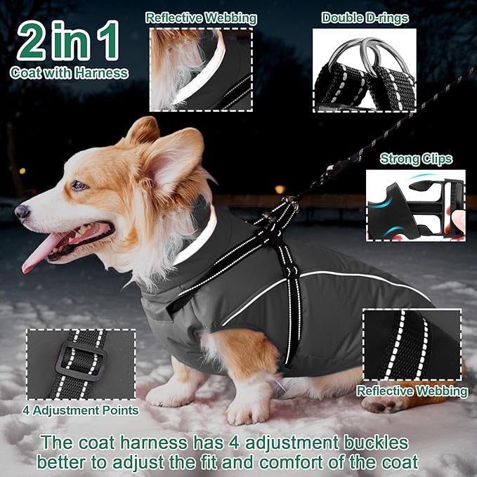 Fragralley Dog Coat with Harness Built in, Waterproof Windproof Reflective Warm Puffer Jacket, Fleece Lined Vest Winter Parka for Small, Medium, Large Dogs