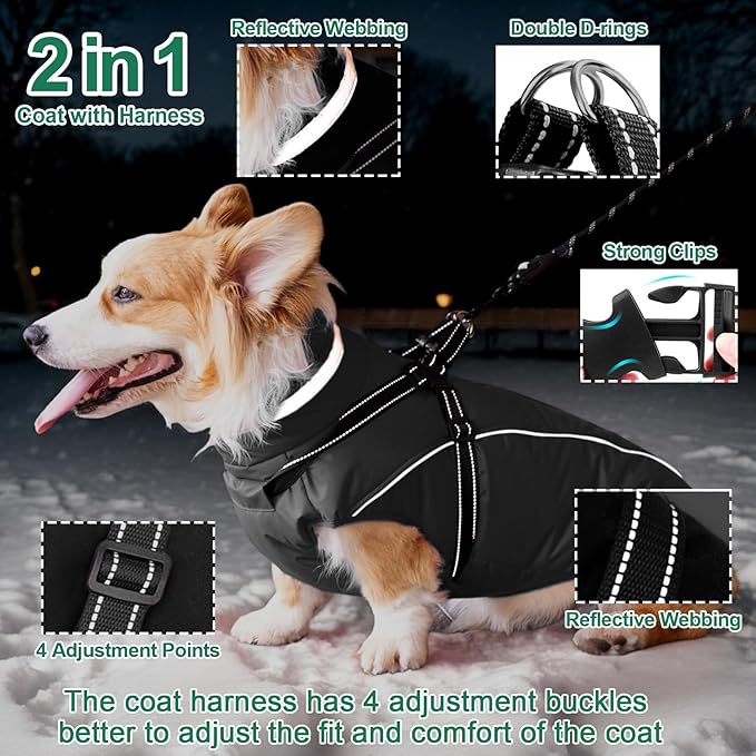Fragralley Dog Coat with Harness Built in, Waterproof Windproof Reflective Warm Puffer Jacket, Fleece Lined Vest Winter Parka for Small, Medium, Large Dogs