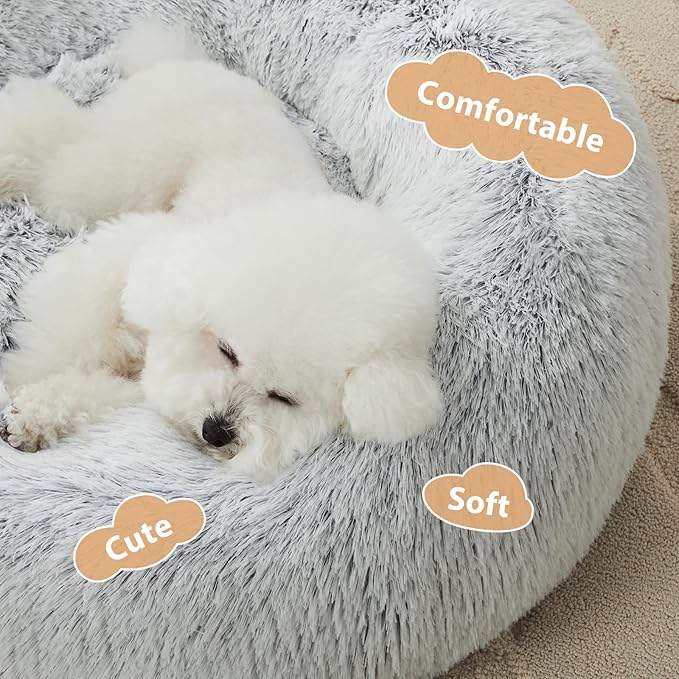 WNPETHOME Calming Dog Bed Cat Bed Donut, Faux Fur Pet Bed Self-Warming Donut Cuddler, Comfortable Round Plush Dog Beds (30 x 30 x 10 Inch, Light Grey)