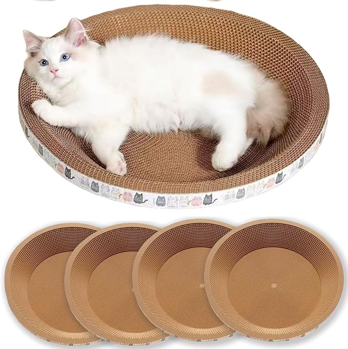 Spindro 4 Pack Extra Large Cat Scratcher Cardboard, Round Scratcher Bed Scratch Bowl, Scratching Lounge Couch Round Shaped Cat Scratch Board Nest for Indoor Cats Furniture Protector