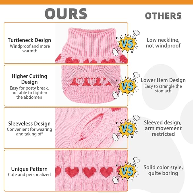 KOOLTAIL Valentine's Day Dog Sweater Turtleneck, Cold Weather Pullover Classic Knitwear, Heart Pattern Thick Warm Winter Pet Clothes, Cable Knit Sweater for Small Medium Large Dogs Girl Boy, Pink M