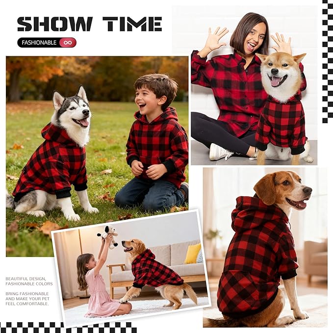 Red Plaid Dog Hoodie Soft Warm Fleece Lined Dog Sweater Hoodie with Leash Hole and Pocket Elastic Pet Coat Clothes Dogs Sweatshirt for Small Medium Large Size Dogs(Red A,X-Large)