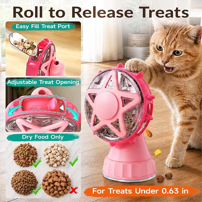 HCY&WLD 2-in-1 Cat Toys Food Dispenser & Teaser Interactive Toys (Pink) | Multi-Play Puzzle Toy For Indoor Cats, Kitten Slow Feeder, Adjustable Treat Dispensing, Mental Stimulation, Boredom Buster