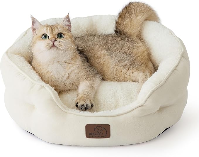 Bedsure Dog Beds for Small Dogs - Round Cat Beds for Indoor Cats, Washable Pet Bed for Puppy and Kitten with Slip-Resistant Bottom, 20 Inche, White
