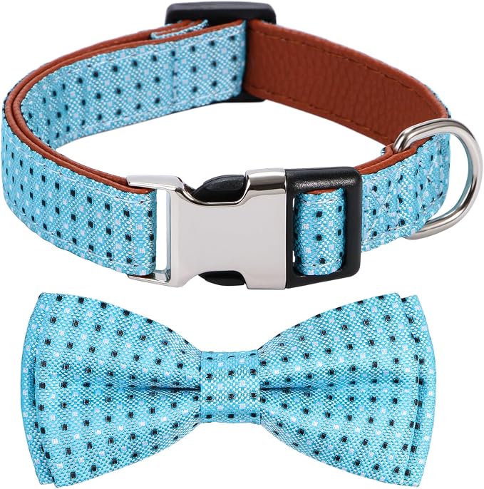Bow Tie Dog Collar Checkered Pattern Sky Blue with Bowtie for Boy Girl Dogs Large
