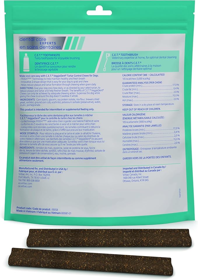 Virbac CET Veggiedent FR3SH Tartar Control Chews for Large Dogs Over 66 Pounds, Plant-Based Formula, 30 Count Bag